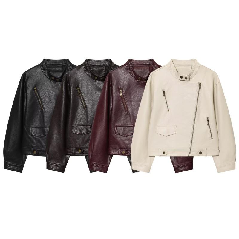 Womens PU Leather Jacket Slant Zip Loose Fit Square Collar Faux Fur Trim Winter Casual