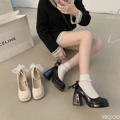 Perle française Chaussures à talons hauts pour femmes Mary Jane Nœud boucle talon épais Chaussures Dames sexy élégantes chaussures de banquet Mujer De