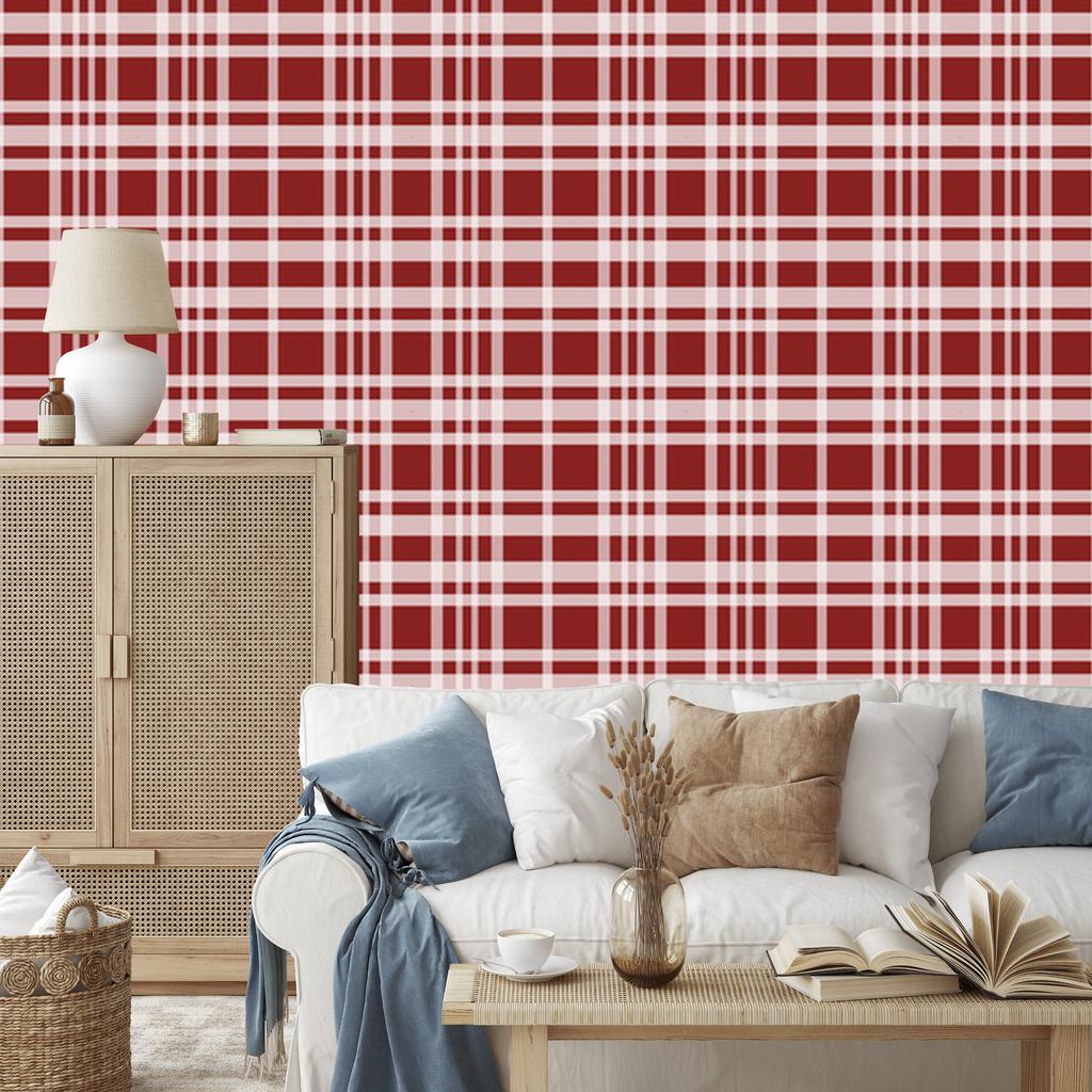 Red Checkered Wallpaper in Red, Coral, White, and Light Gray 50x1000
