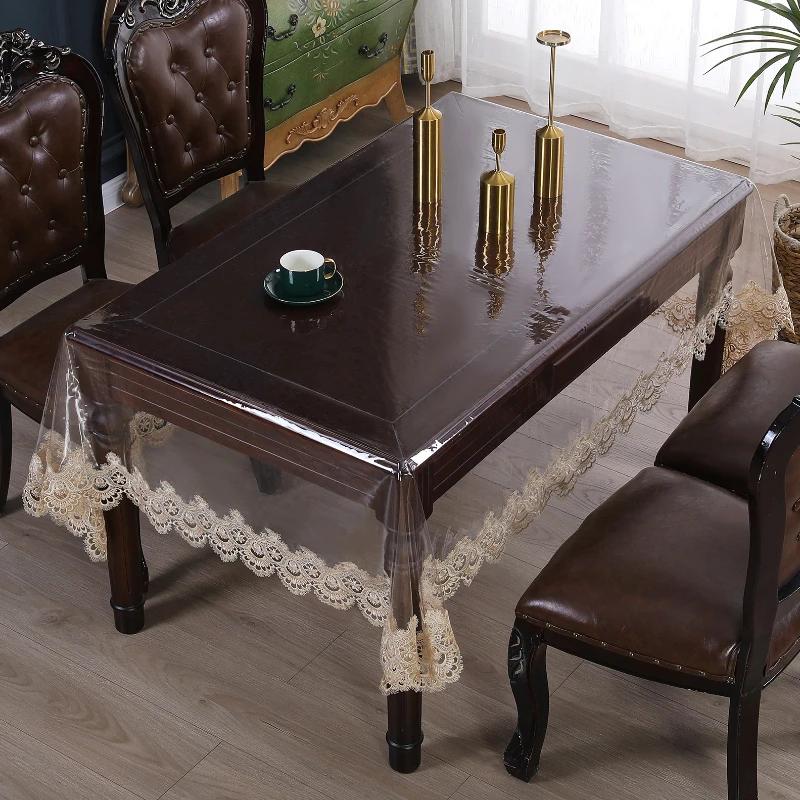 Transparent PVC Tablecloth Waterproof, Oil Proof Clear Coffee Table Table Mat Washable and Non Slip Tablecloth Lace Edge