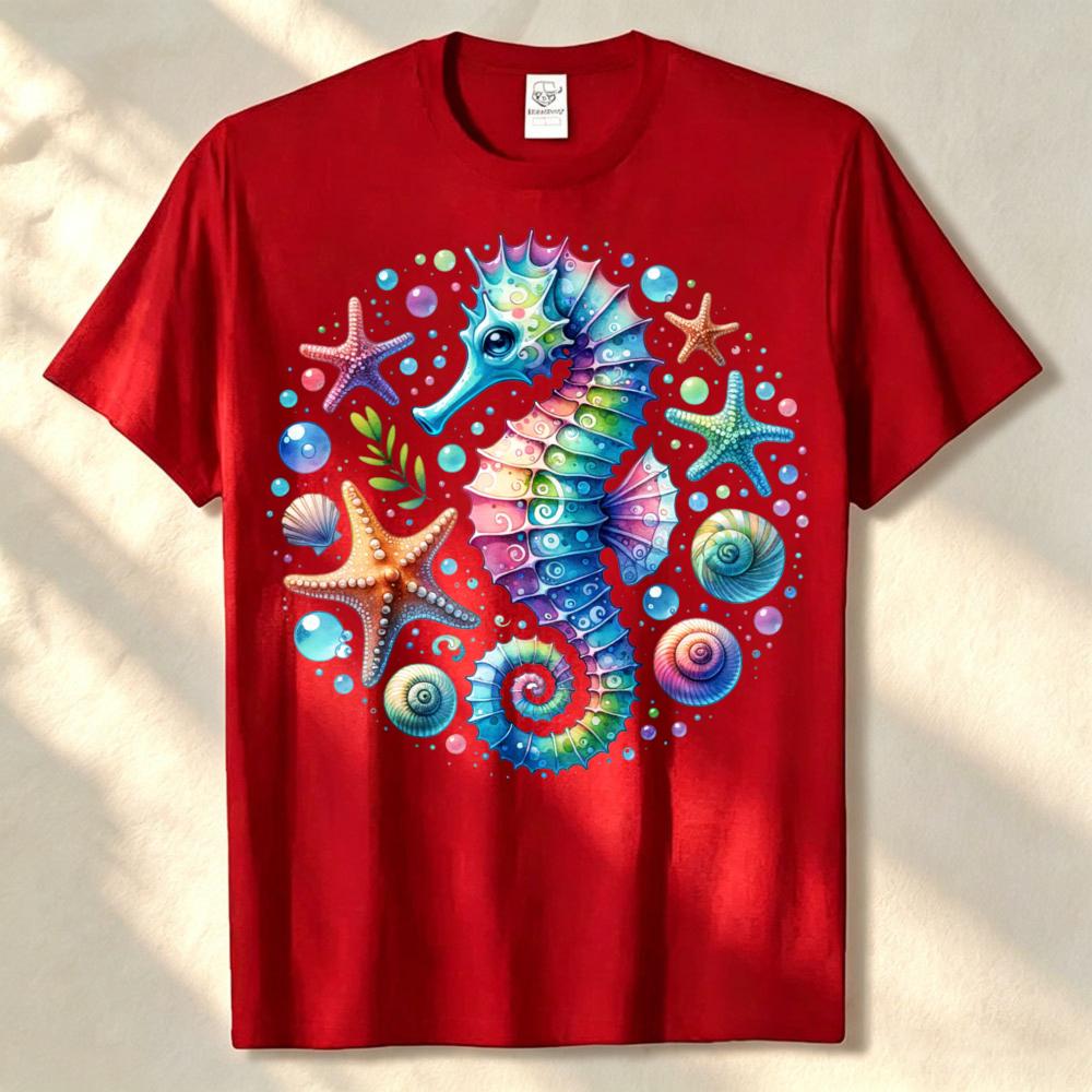 Rainbow Seahorse Starfish Seashell Ocean Graphic Unisex Cotton Tee Beach Sea Life Summer Vacation Casual Basic Apparel Wear Top