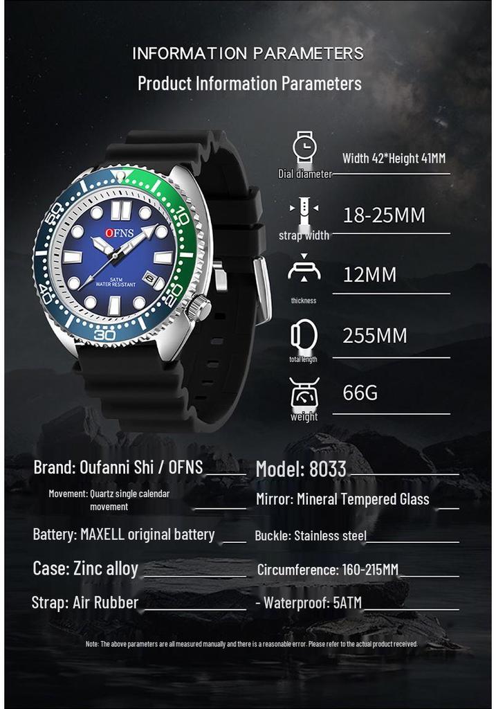 Oufannishi Waterproof Quartz Men's Watch with Luminous Dial, Rotating Bezel, and Calendar