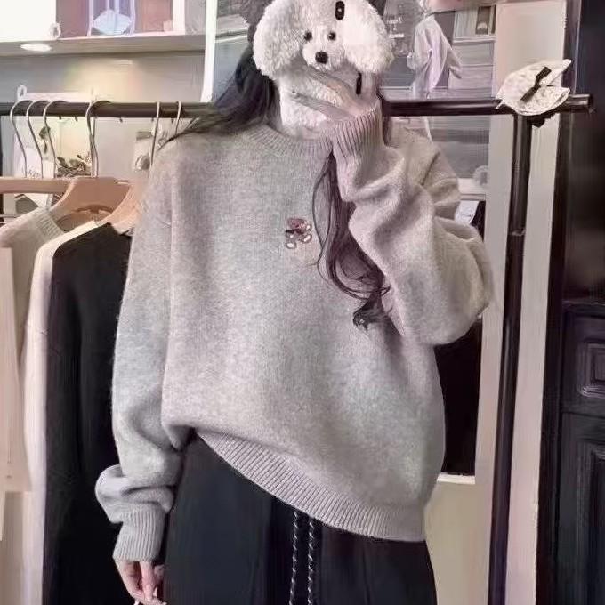 Korean Embroidered Bear Knit Sweater, Soft & Warm for Autumn/Winter