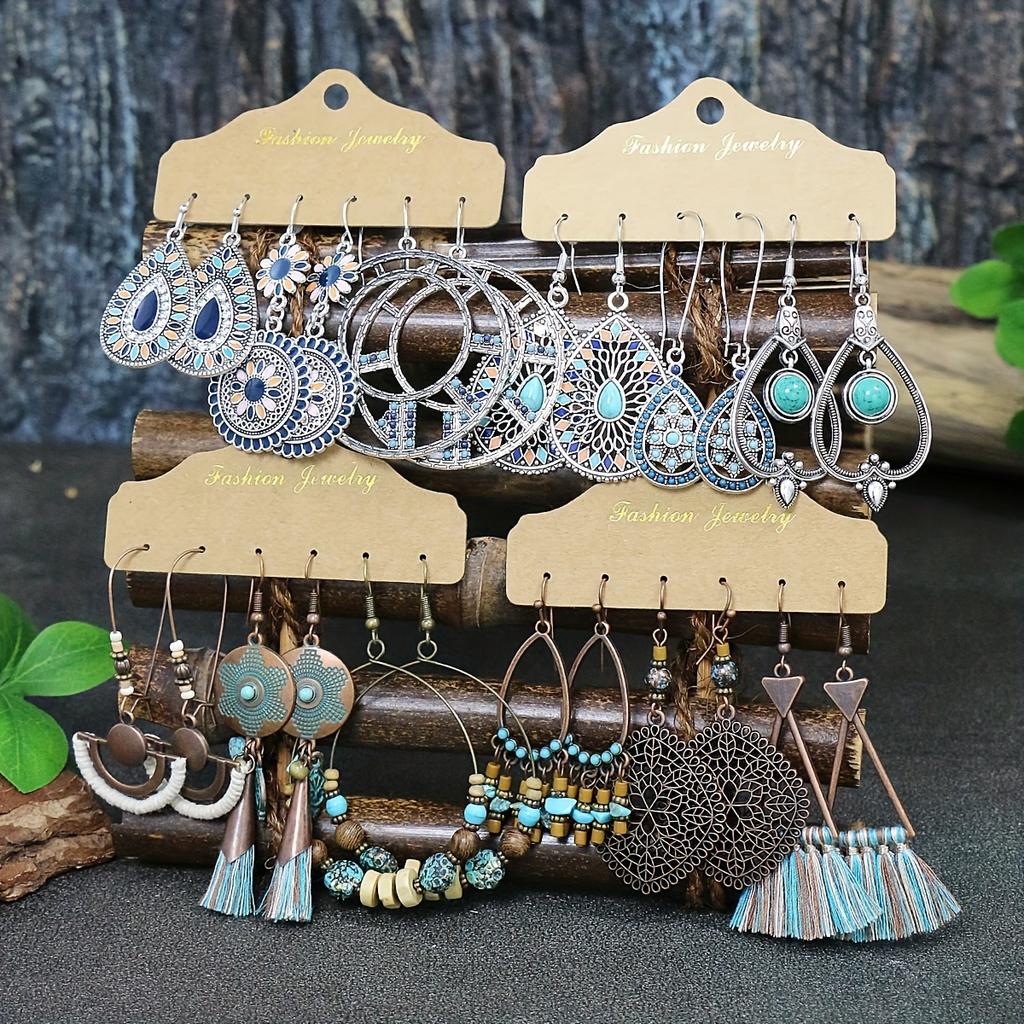 Boho Women Earrings Set Multi Pieces Set Vintage Style Geometric Shape Beads Flowing Tassel Design Party Decor