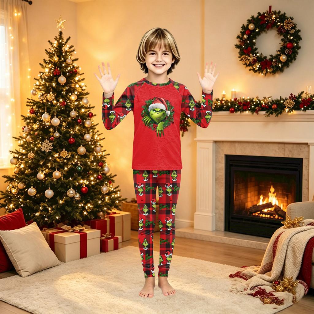Family Matching Christmas Print Pajama Set, Long Sleeve Neck Top and Pants for Parents and Kids