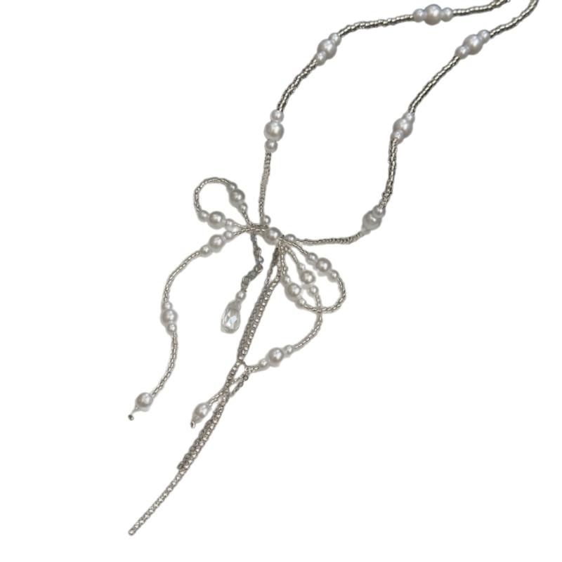 Элегантное жемчужное колье-бантик Изысканные бусины-бантики Цепочка на ключицы Длинные кисточки Ожерелье Женские Свадебные Украшения для невесты 1
