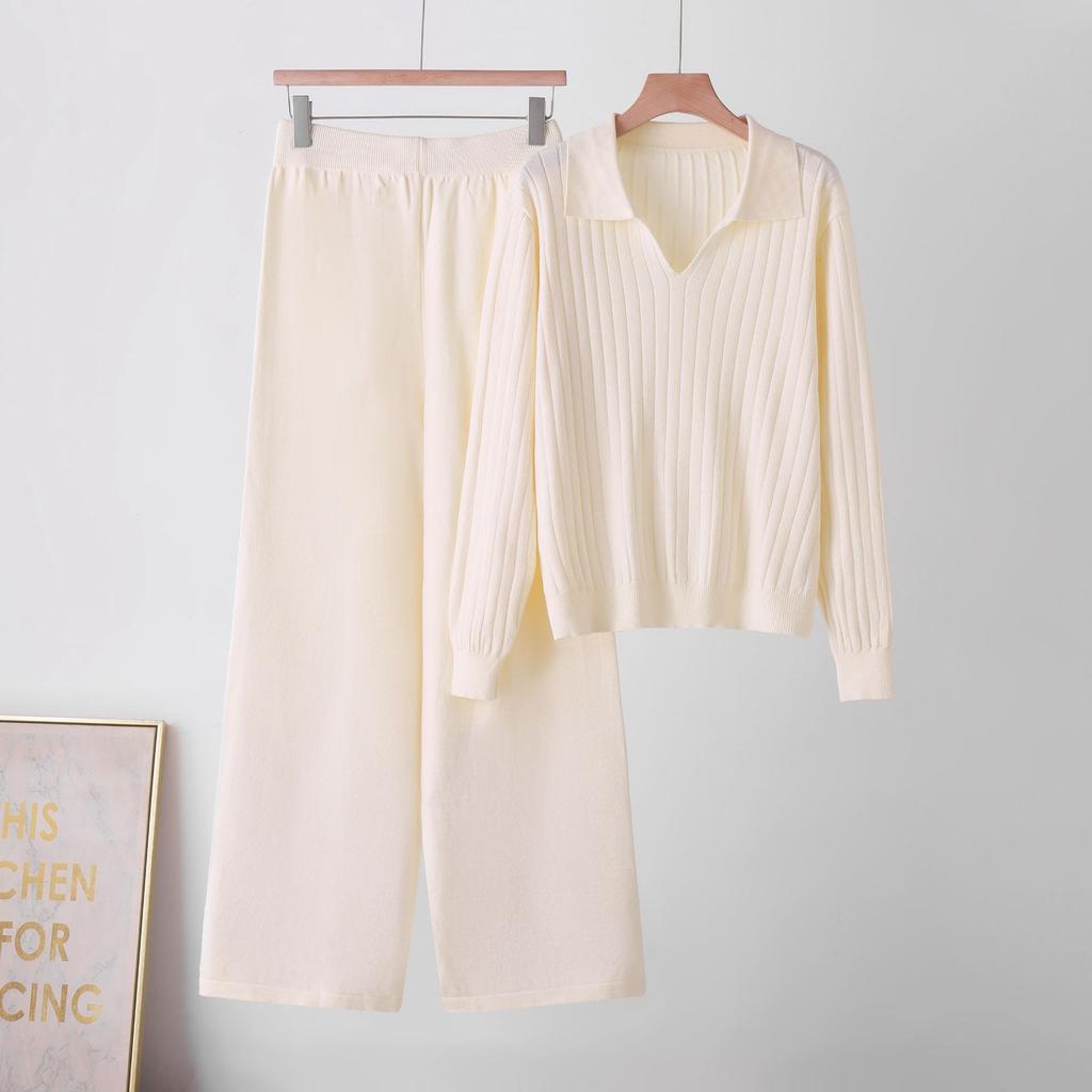 1116 Autumn and Winter New Solid Color Polo Neck Sweater Set Women's Fashion Skinny Versatile Casual Knitted Sweater Straight Pants