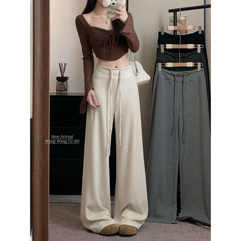 Drawstring High Waist Casual Pants Loose Pants Women's Autumn Drape Baggy Straight Trousers Apricot Mop Pants Lazy Long Pants