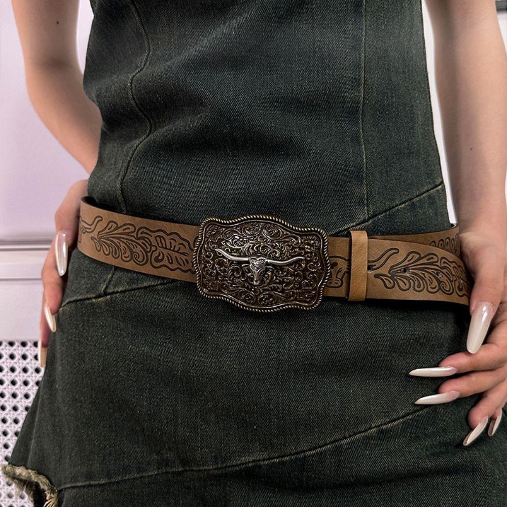 Cow Head Buckle Western Cowboy Belt Retro Waistband Fashion Embossed Belt  For Man Women