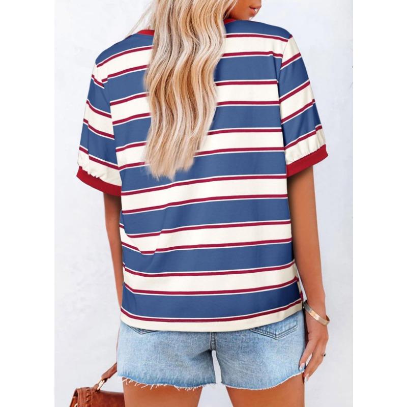 Womens Striped Contrast Color Loose Round Neck Short Sleeve Casual T Shirt
