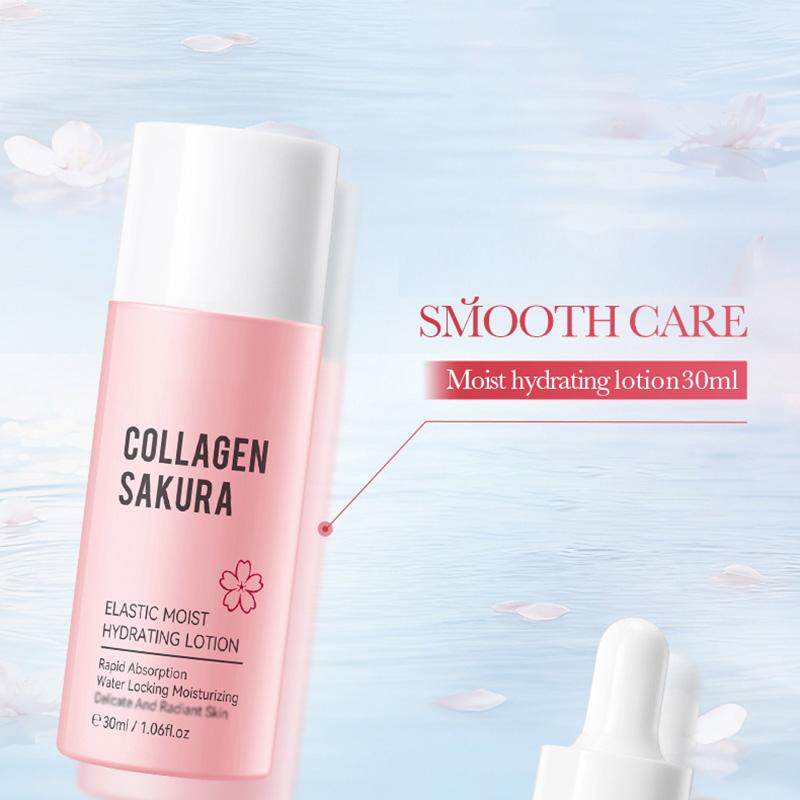 6-Piece Sakura Collagen Hydrating Travel Set - Cleanser, Toner, Lotion, Serum, Cream, Eye Cream for Smooth & Plump Skin