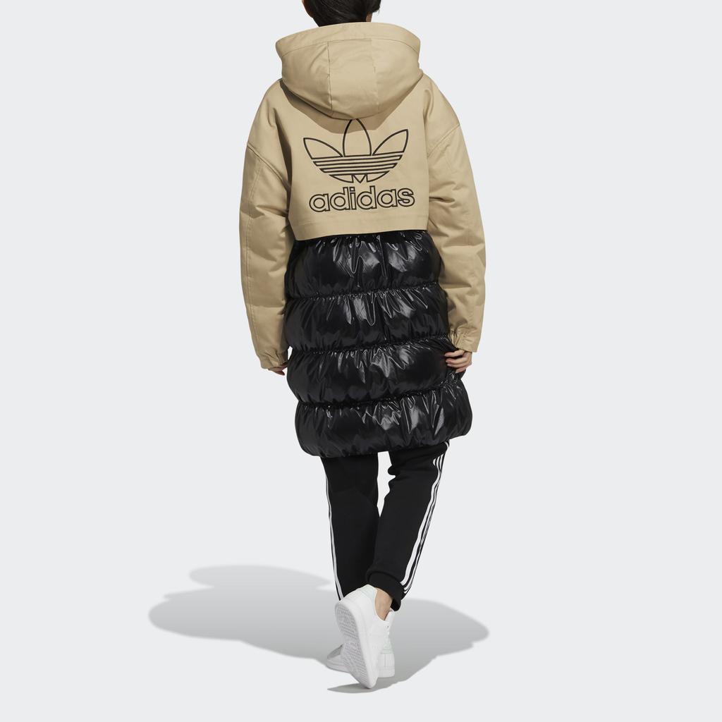 Adidas Originals Layered Parka Color Block Spliced Large Logo Mid-Length Hooded Down Jacket Women Outerwear Khaki HF1585