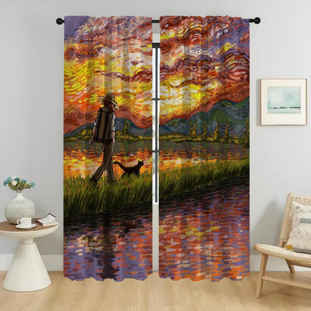 Van Gogh Elegant Room Curtains for Living Room Kitchen Curtains 2 Pieces Blackout Curtain Shades Tulle for Bedroom Partition