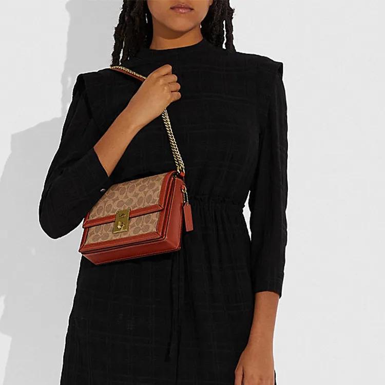 Coach Hutton Coated Canvas Cow Leather Small Square Bag , Chain Bag , Handbag , Crossbody Bag , Shoulder Bag Women's (Unisex) Shoulder Bags
