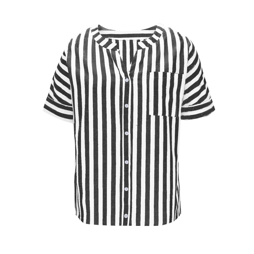 Women's Fashion Loose-Fit V-Neck Button-Down Striped Contrast-Color Short-Sleeve Shirt