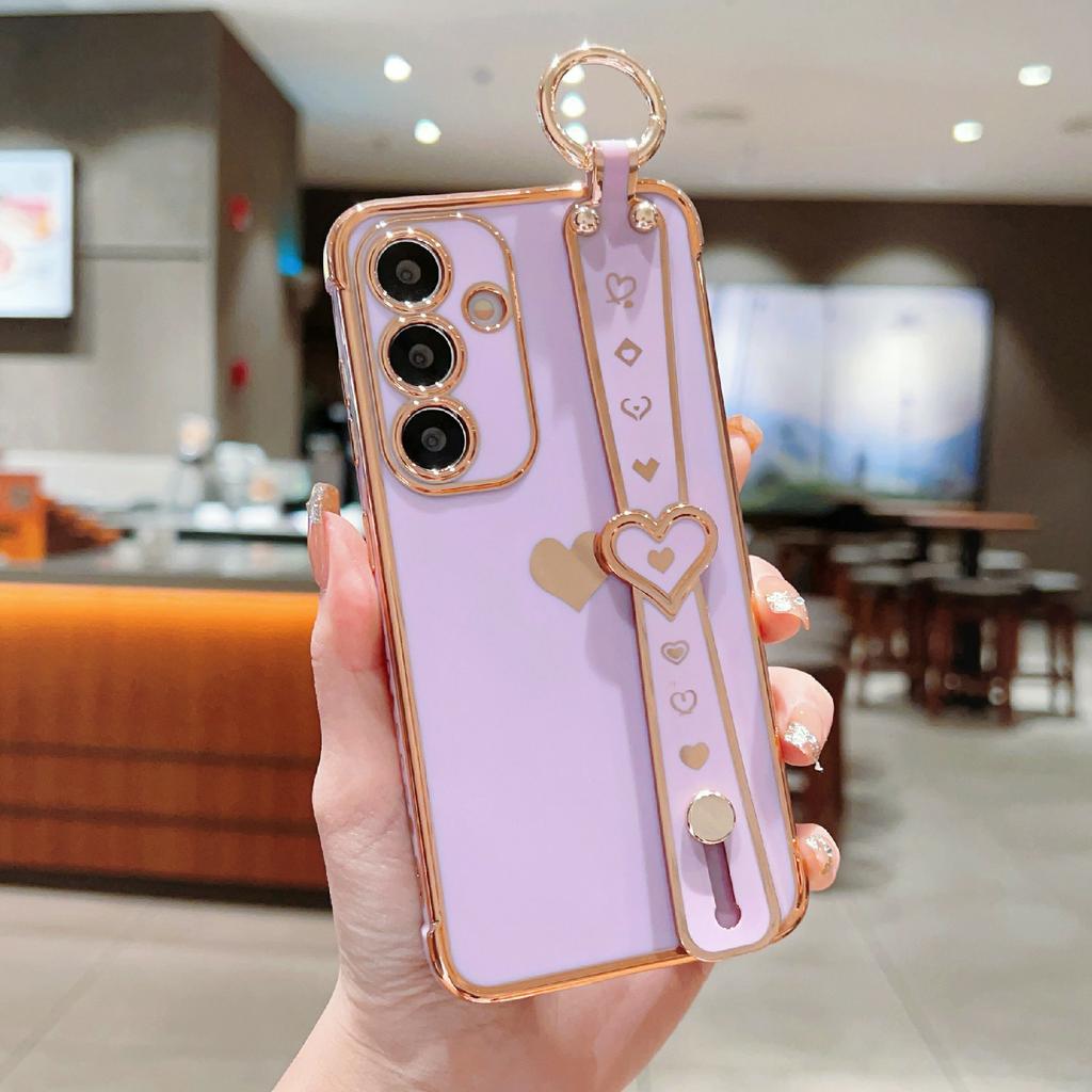 For Samsung Galaxy S26 / S26 Pro Case Wristband Kickstand Electroplated Love Heart TPU Phone Cover Finger Holder