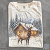 Elk T-Shirt, Snowy Cabin Wildlife Art, Mountain Forest Gift, Rustic Lodge Apparel, Christmas Present for Outdoorsmen, Winter Wear