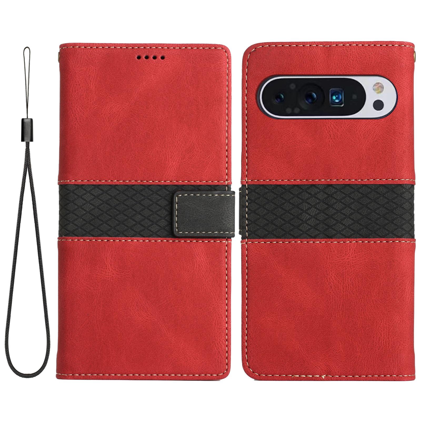

For Google Pixel 9 Pro/Pixel 9 Case Wallet PU Leather Phone Cover Grid Splicing Red
