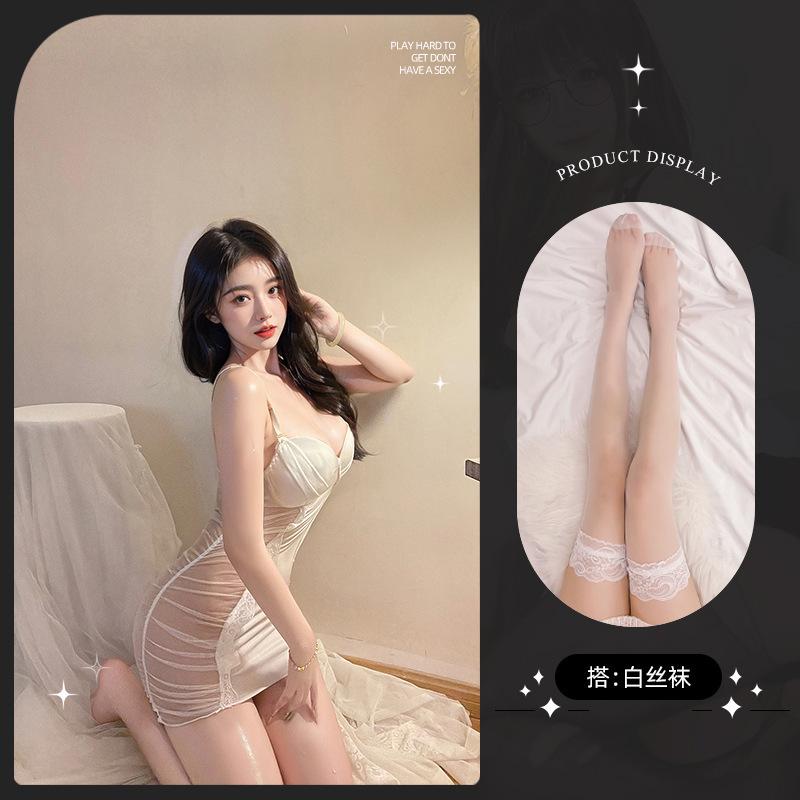 Sexy lingerie sexy deep vA wrinkled mesh perspective seduction hot suspender nightdress set