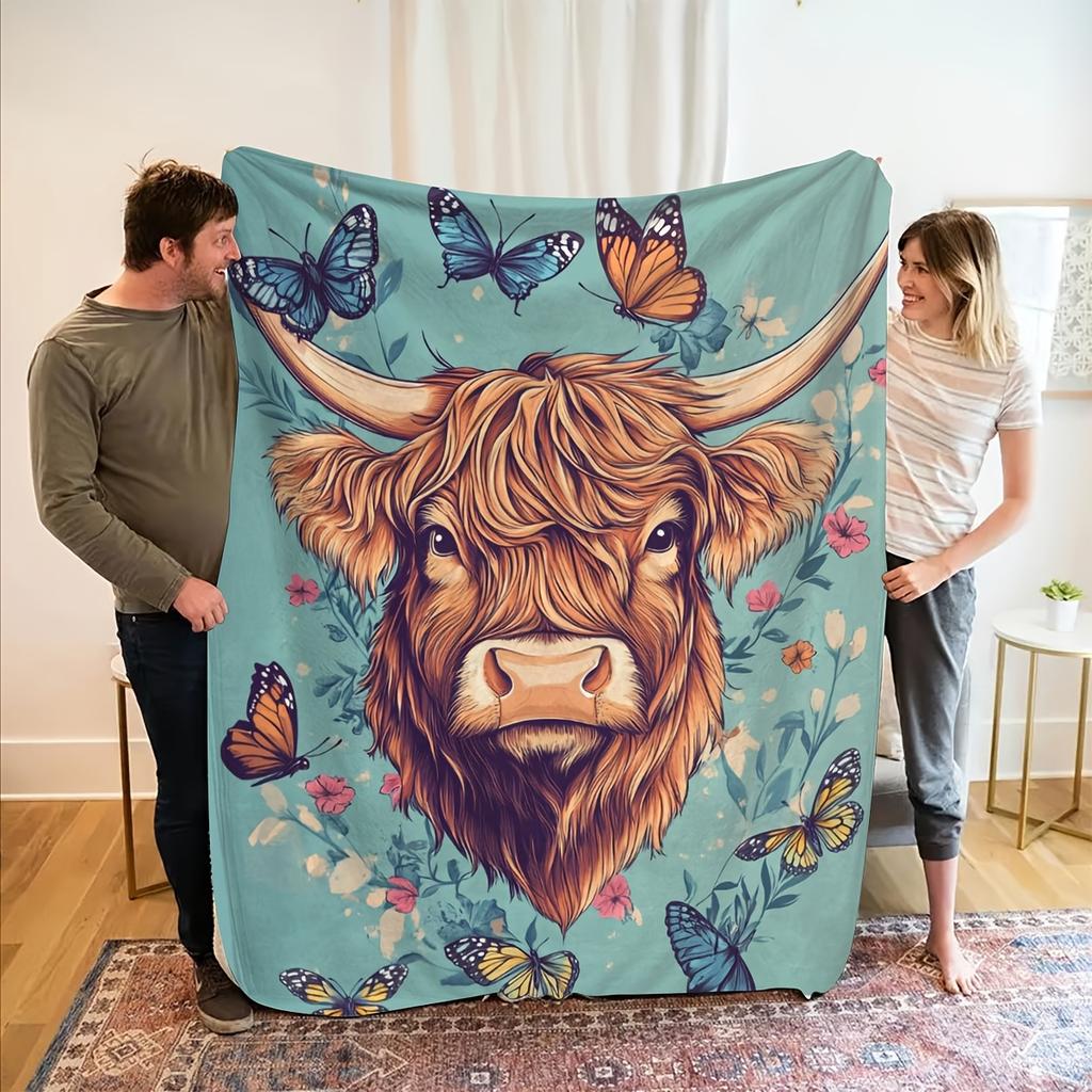 1pc Highland Cow Patterned Blanket - Soft Fleece All-Season Sofa Bed Blanket, Suitable for Home, Office, Dormitory - Floral And Highland Cow Head Desi