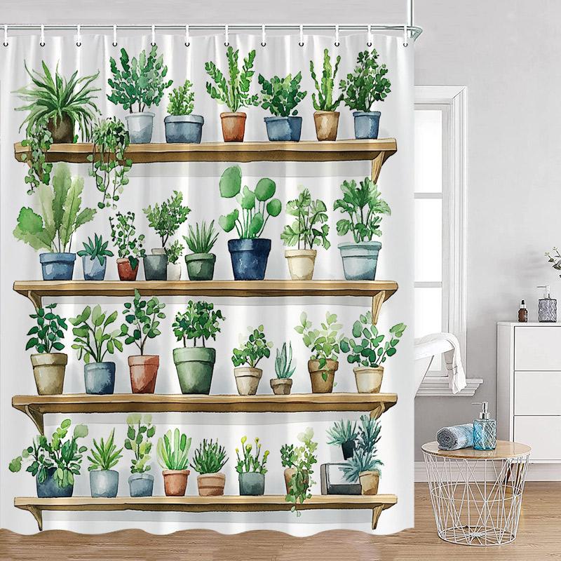 Plant Shower Curtain Cats Green Potted Plants Leaves Cat on the Toilet Modern Bathroom Decor Polyester Fabric Bathtub Curtain