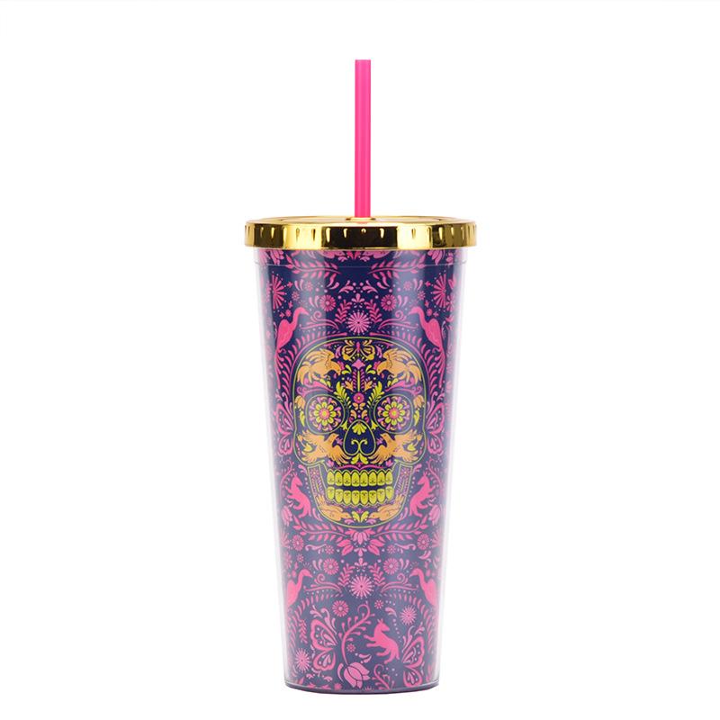Double Plastic Cup Colored Skull Halloween Party Water Cup Portable Creative Straw Cup