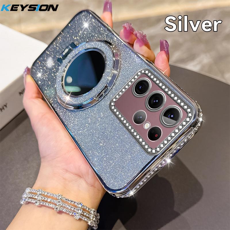 KEYSION Glitter Jewelled Magnetic Phone Case for Samsung Galaxy S22 Ultra S21+ Plus S20 FE Makeup Mirror Stand Shockproof Cover