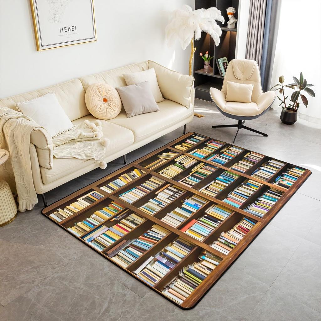 Bookshelf Area Rug for Teen Study Room Decor Library Book Print Carpet Vintage Bookshelf Living Room Doormat Bookcase Floor Mat