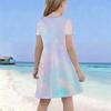 Girls Round Neck Short Sleeve A Line Dress Pastel Rainbow Glitter Printed Flared Hem