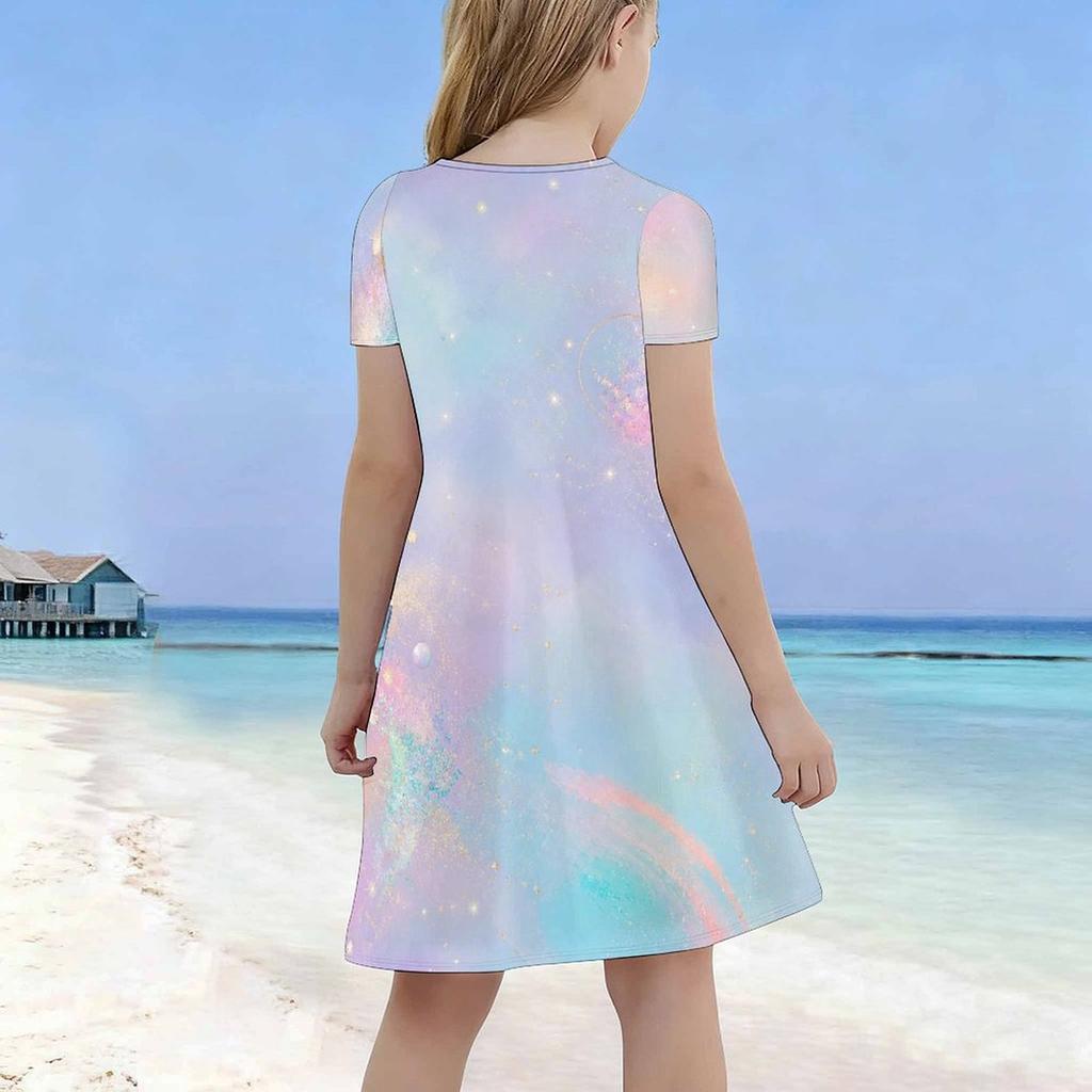Girls Round Neck Short Sleeve A Line Dress Pastel Rainbow Glitter Printed Flared Hem