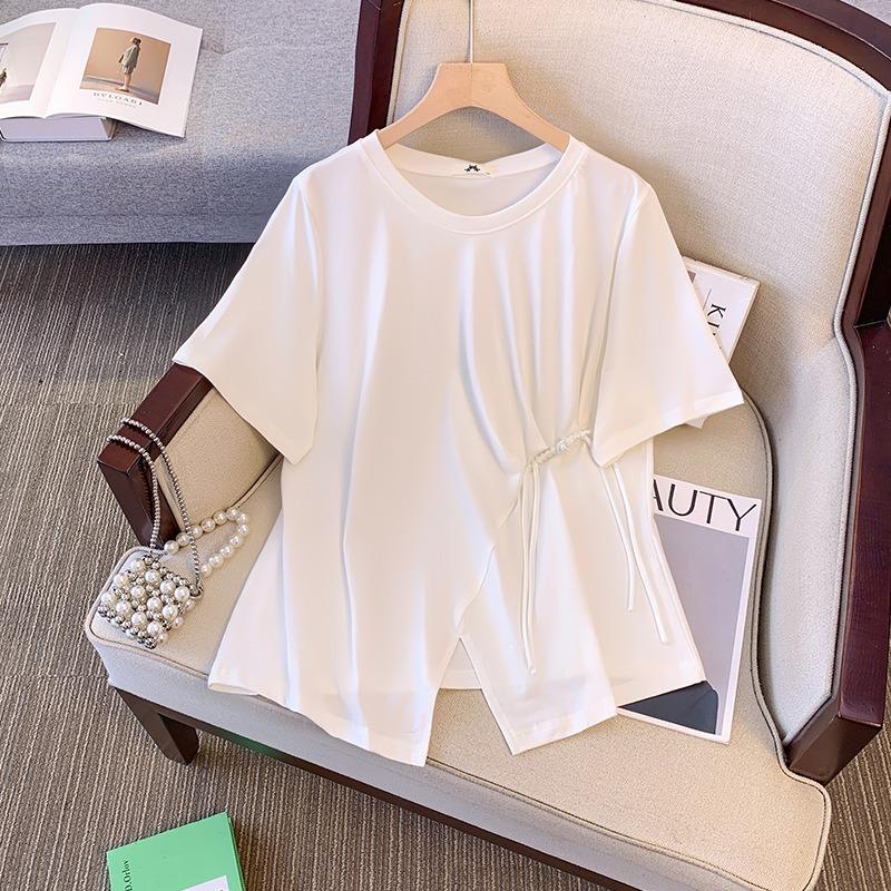 New Chinese Style National Style Irregular Slit Short-sleeved T-shirt Summer New Style 2XL