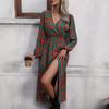 European and American Spring New V-neck Printing Fashionable and Elegant French Temperament Slit Dress Women