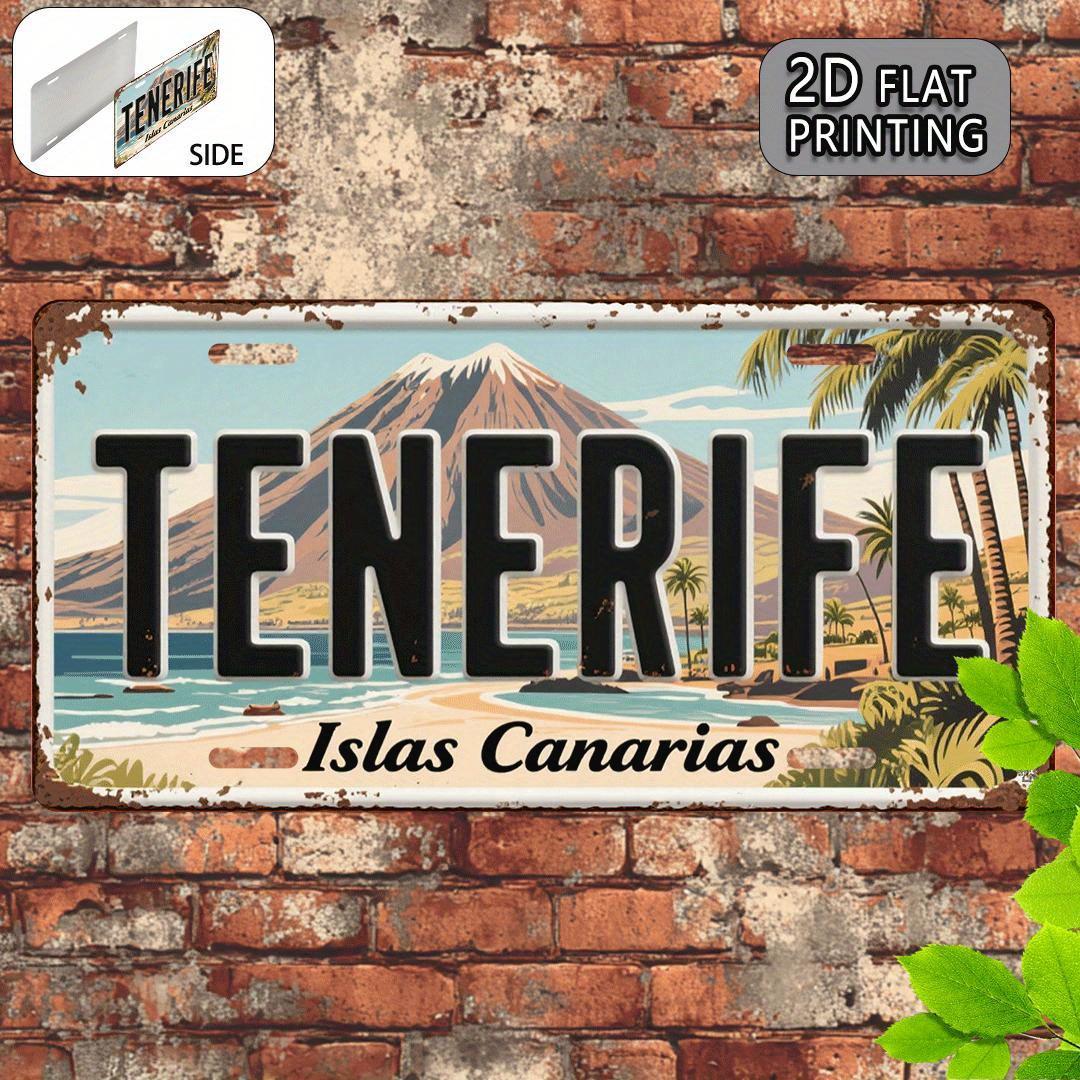 

D Flat Printing Vintage Distressed TENERIFE Islas Canarias with Mount Teide Tropical Beach Illustration Aluminum Tin Painti 15x30cm(5.9x7.8inch)