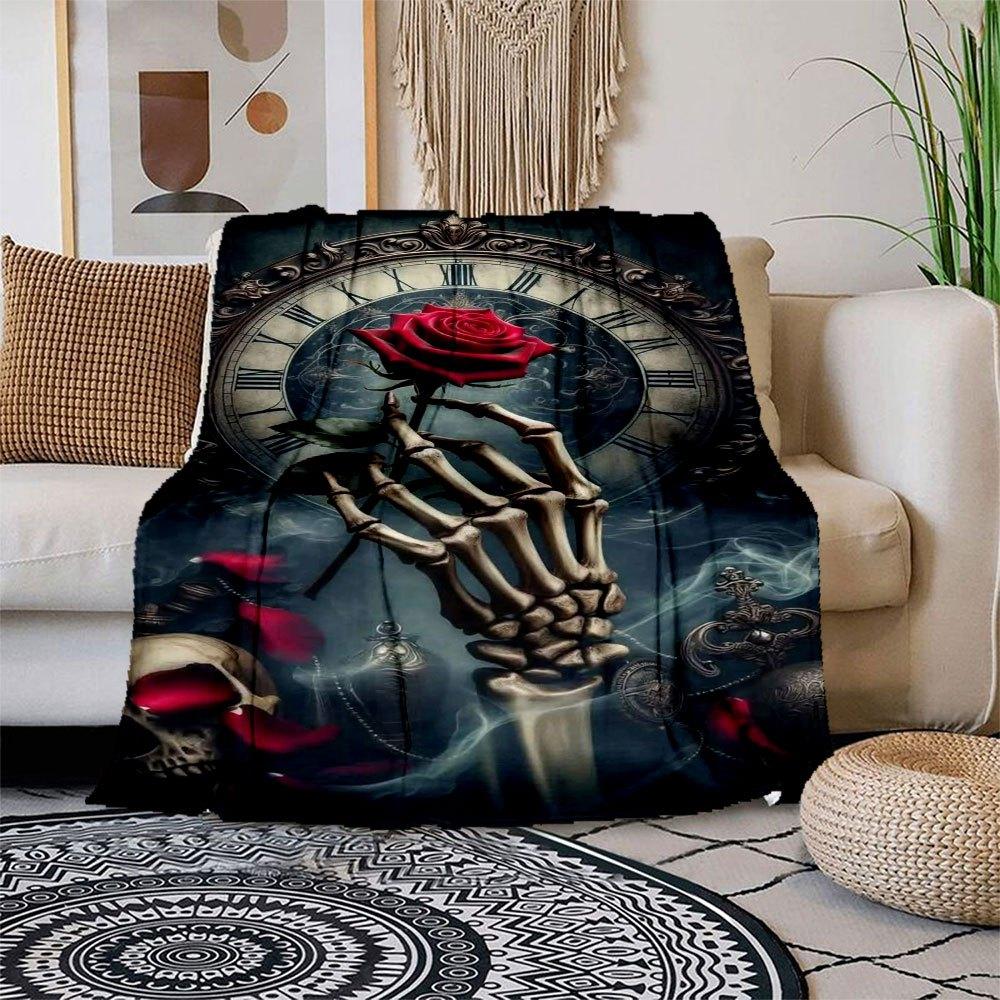 Timeless Beauty: Gothic Skeleton Hand Holding Red Rose Wall Art Print Blanket Flannel Throw Blanket for Sofa, Bed, Travel, Camping, Office 100x150cm