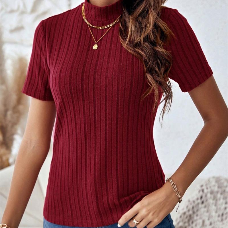 Modny, dopasowany krój, okrągły dekolt, damski T-shirt, damskie koszulki z krótkim rękawem, 2024, letni, swobodny, prążkowany, dzianinowy T-shirt, damski, elegancki, jednolity, damski T-shirt 24405