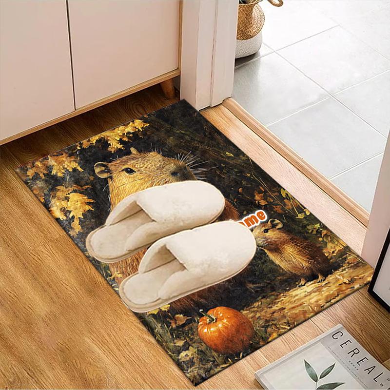 1PC Custom Name Autumnal Capybara Pumpkins Theme Floor Mat Ideal for Living Room, Game Rooms, Office, Bedroom Floor Mat Playful Design