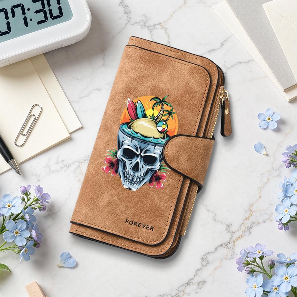 Skull Pattern Long Wallet Summer Beach Style Zipper Purse Forever Fashion Card Holder For Daily Use