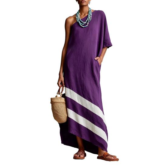 Women One Shoulder Maxi Dress, Color Block Casual Loose Long Dress, Summer Beach Vacation Flowy Sundress with Pockets