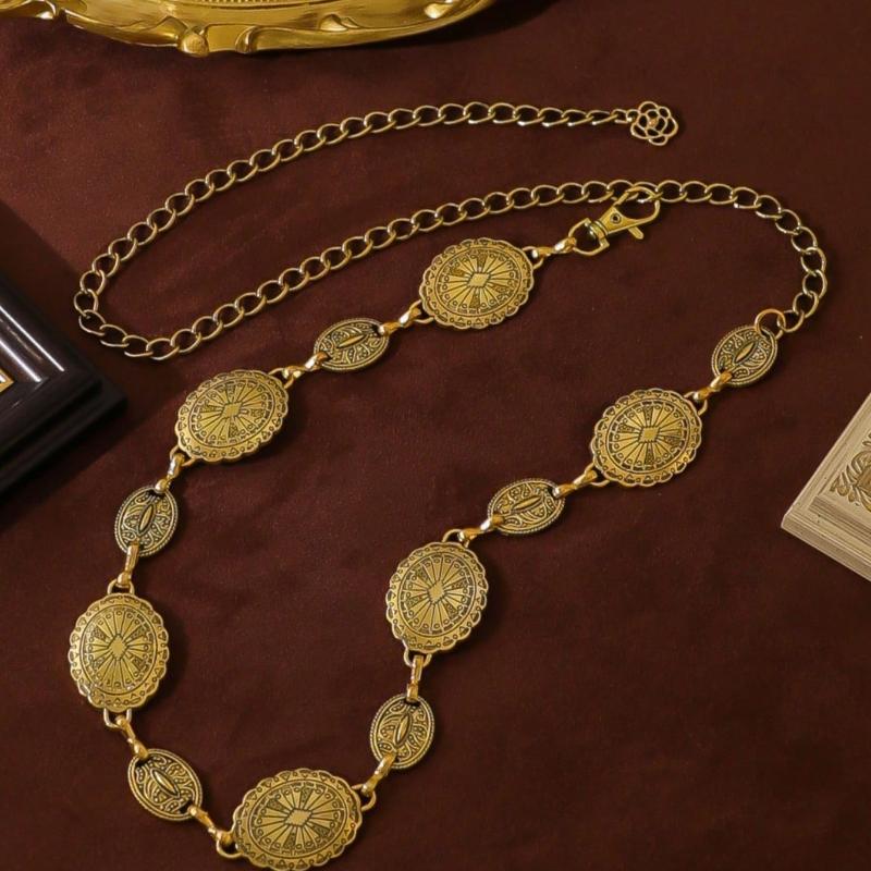 

1 шт. Женская богемная и в западном стиле винтажная поясная цепочка с резным цветочным и геометрическим узором, повседневные и модные ювелирные аксессуары золотой