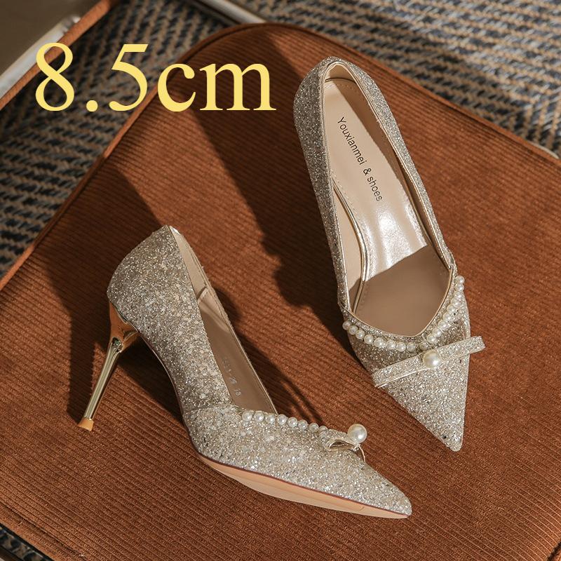 

High Heeled Shoes for Women s 2026 New Sequined High Heels Pearl Show and Wedding Shoes Two in One Crystal Banquet Pumps Women 40