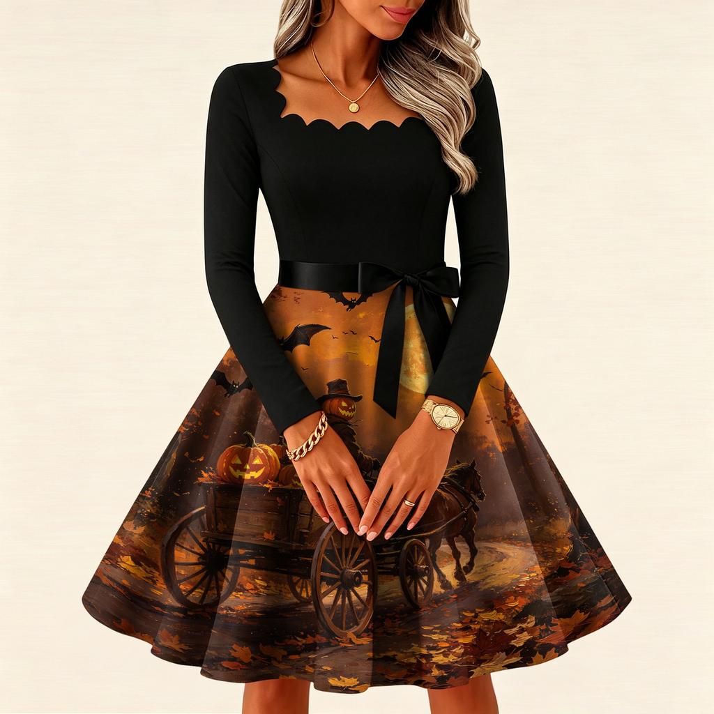 Women's Vintage Long Sleeve Square Neck Dress with Halloween Print for Party Evening Wear