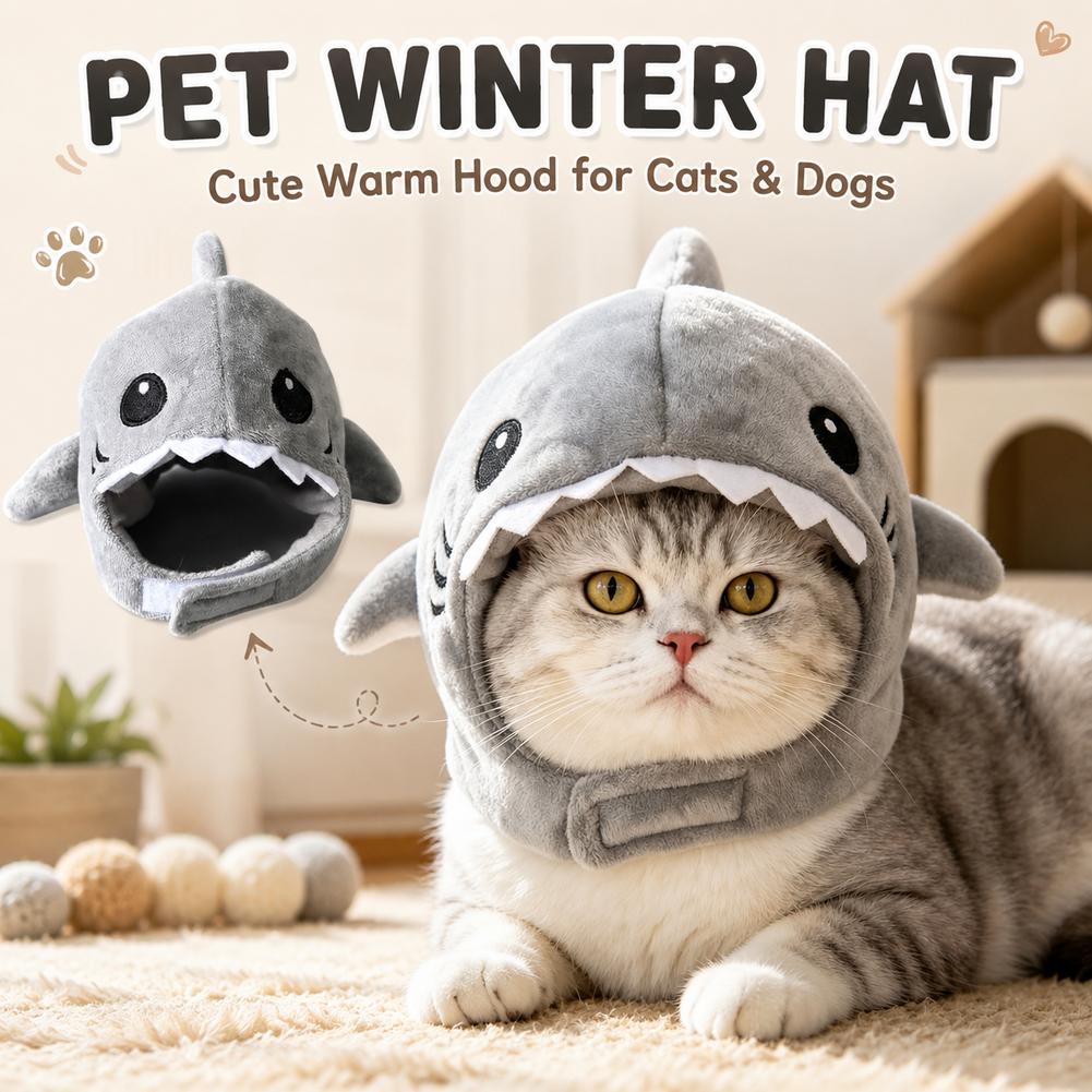 Funny Adjustable Cat Shark Headdress Warm Soft Cat Decorative Hat Cute Cartoon Cat Warm Hat Cosplay Party Pet Head Cover