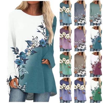 Camiseta de Mujer Flor Moda Casual Estampado Manga Larga Cuello Redondo Top de Largo Medio