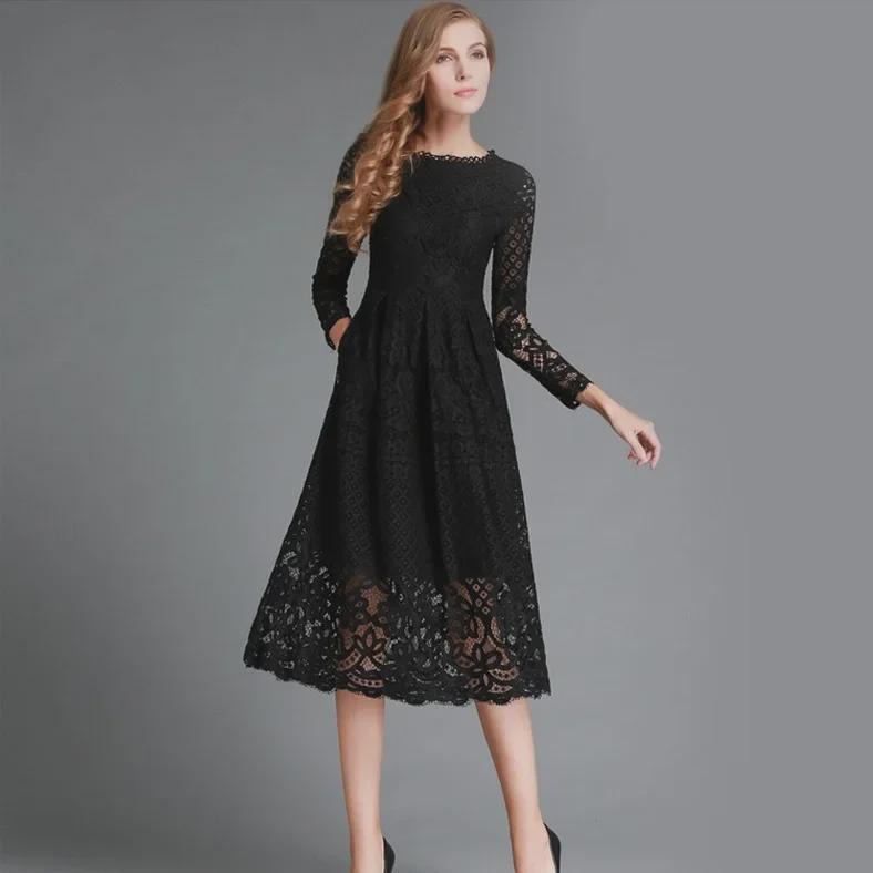 2025 Fall European & American Women's Lace Slim Midi Dress with Hollow Round Neck & Long Sleeves