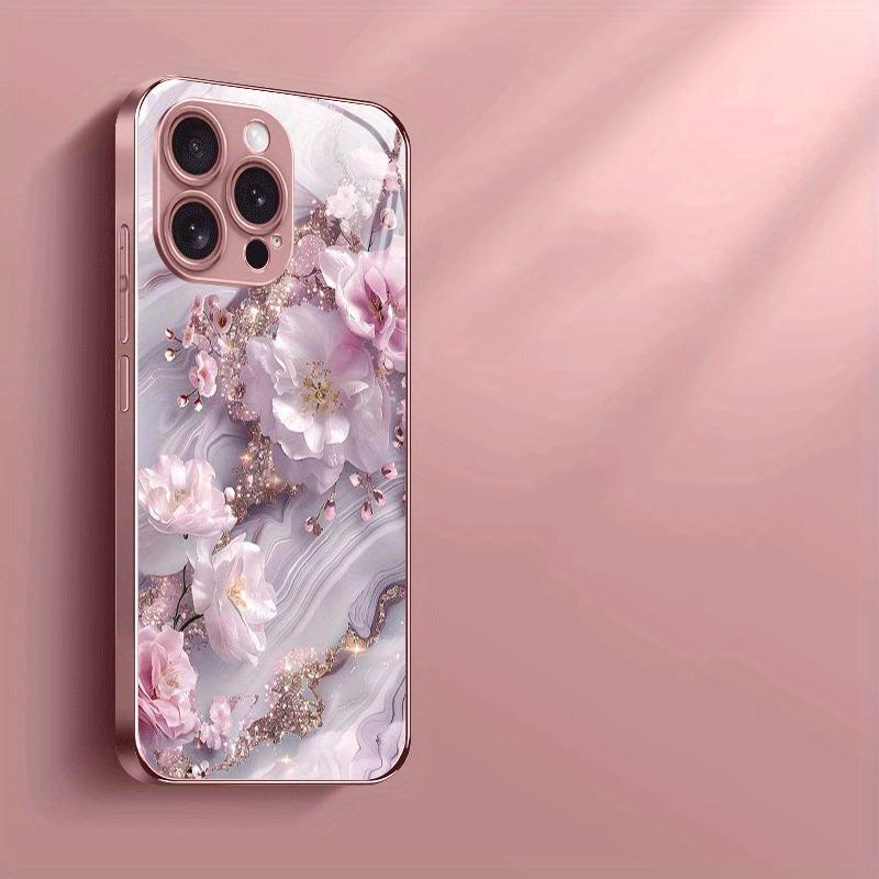 Pink Dream Cherry Blossom Pattern Metallic Paint Glass Phone Case For iPhone 11 12 13 14 15 16 17 Pro Max Plus 17Air 16E Cover
