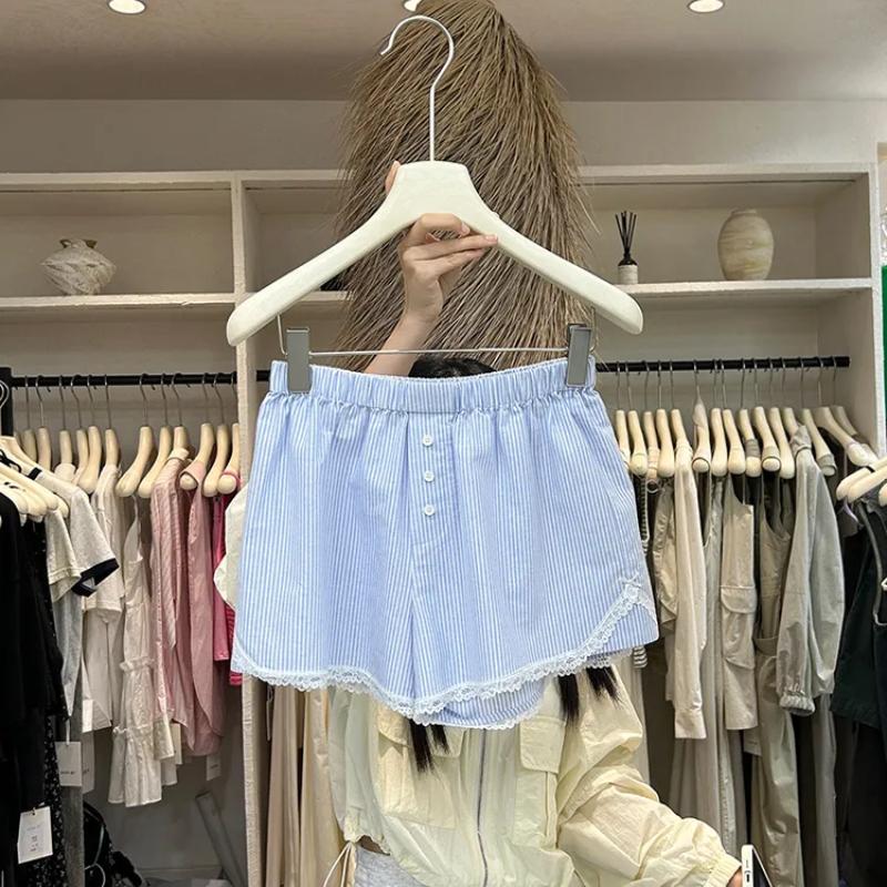 Damen Sommer Rosa Gestreifte Spitze Besatz Knopfleiste Shorts