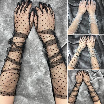 Dot Semi Sheer Stretch Spitze Lange Tüll Handschuhe Mesh Weibliche Ballkleid Schwarz Frauen
