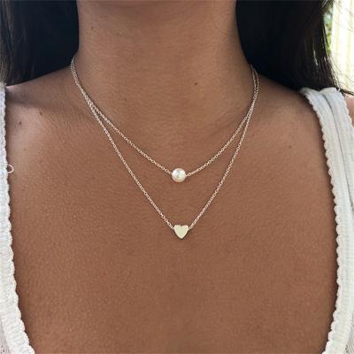 Απλή απομίμηση μόδας Pearl Love Heart Διπλής στρώσης κολιέ με αλυσίδα κλείδας Αξεσουάρ Κοσμήματα