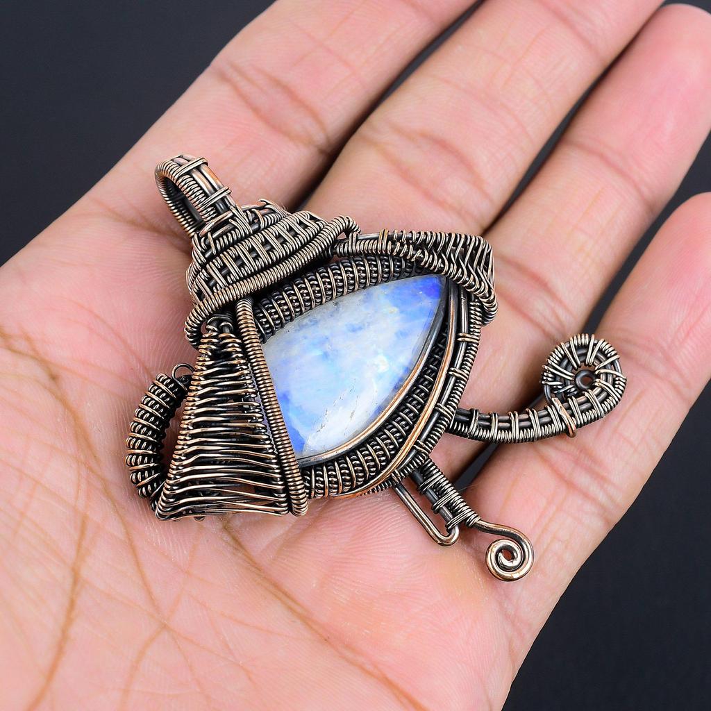 Rainbow Moonstone Pendant Gemstone Jewelry, 999 Copper Wire Wrapped Pendant, Handmade Beautiful Jewelry Pendant
