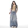 Spring Vintage Deconstruction Multi Pocket Relax Wide Leg Denim Pants For Ladies Casual Pants Oversize Denim Trousers
